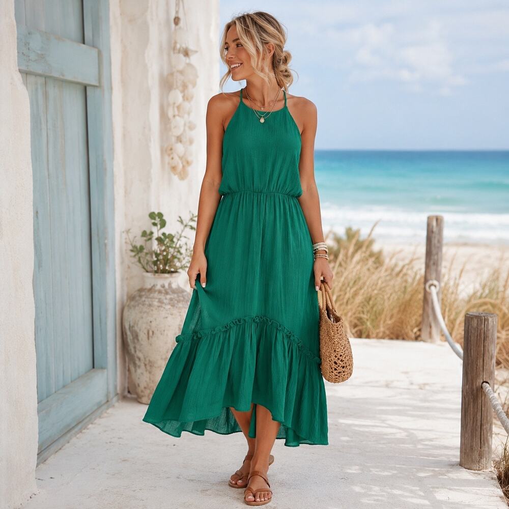 All in Favor Halter Tiered Midi Dress Sz M Coastal Resort Quiet Luxury Gauzy